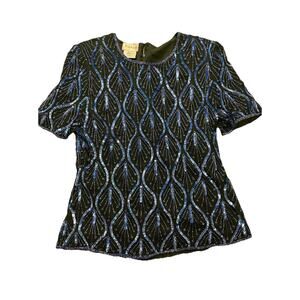 Stenay Black Blue Sequin Beaded Short Sleeve Silk Top Size L Vintage Party